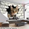2D Cute Tabby Cat Tapestry White Brick Wall 2D Illusion Wall Hanging