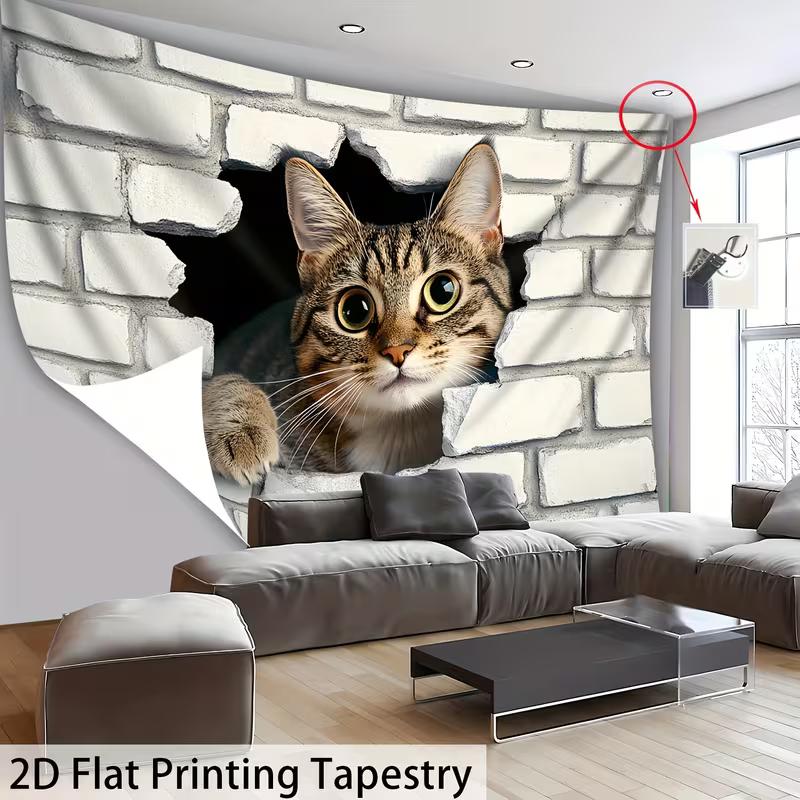 2D Cute Tabby Cat Tapestry White Brick Wall 2D Illusion Wall Hanging