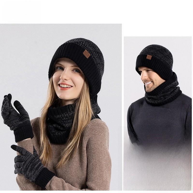 Knitted Winter Hat And Gloves Set With Fleece Lining For Men And Women