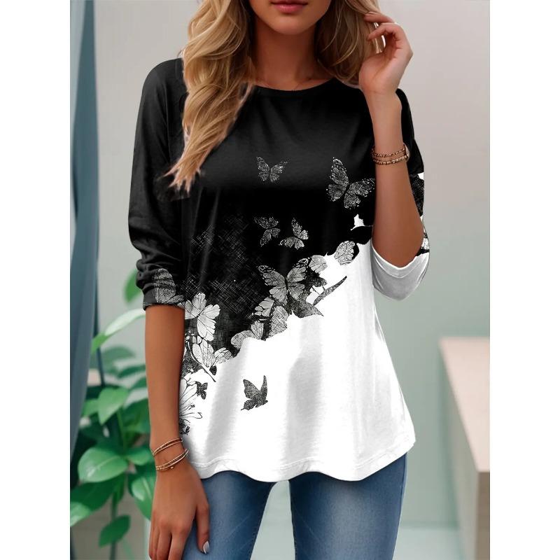 

Весенне-осенние футболки с круглым вырезом, 3D-принтом бабочек, с цветными блоками, модные, повседневные, с длинным рукавом S