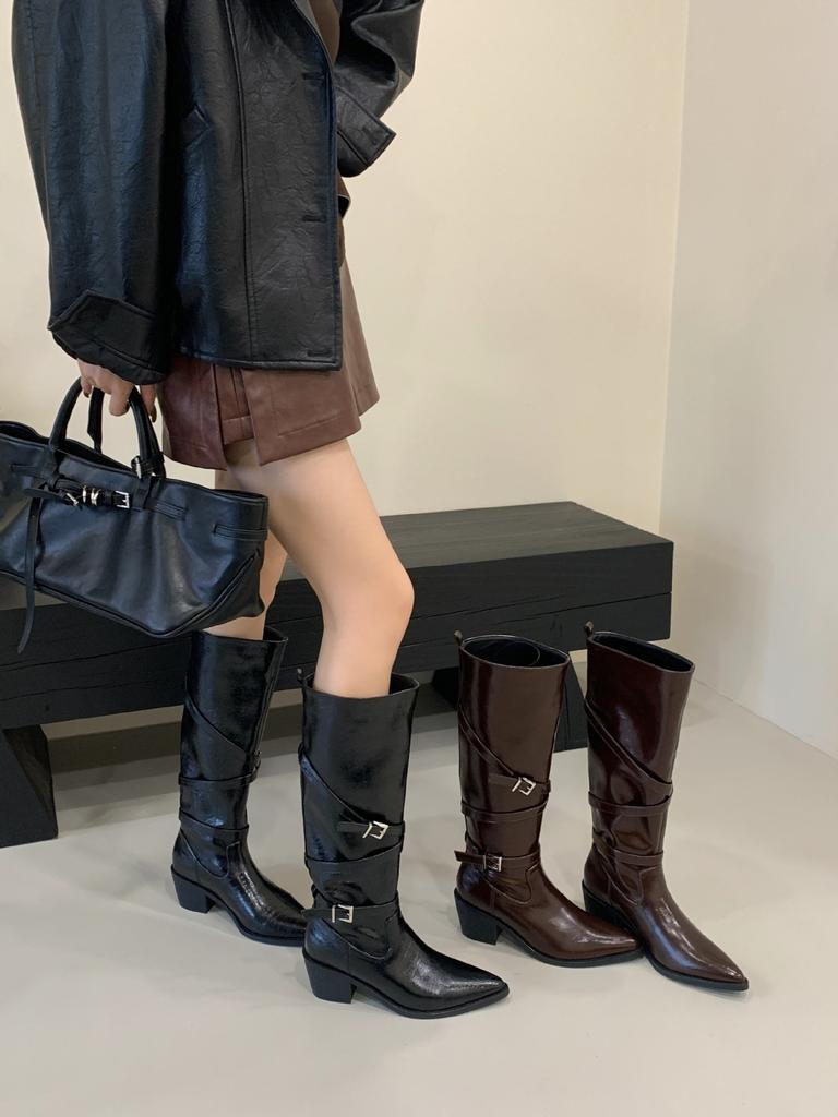 Khaki Tall Boots Autumn Button Boots Women's 2025 New Thin and Tall Small Spice Girls Short Boots