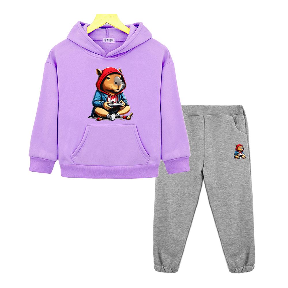 Boys Girls Hooded Spors Sets Capibara Print Hoodie Fleece Sweatshirt Cartoon Jacket 2pcs pullover+Pant  Kids Boutique Clothes