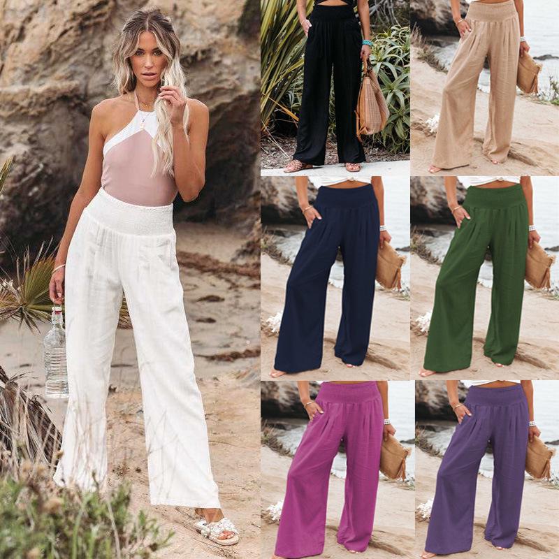 Women's Spring/Summer Cotton Linen Wide-Leg Elastic Waist Pants - Available in Various Colors