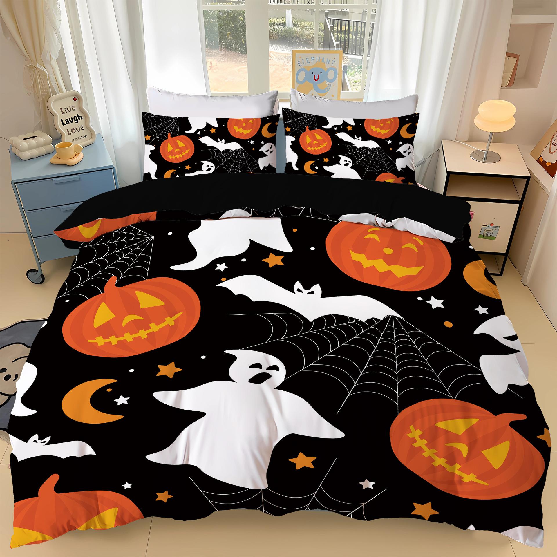 Ensemble de literie d'Halloween Motif Fleur Fantôme Mignonne Housse de couette Enfant Adulte Housse de couette Taie d'oreiller Simple Taille Queen 140X200CM-2PCS