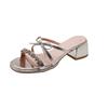 2025 summer new thick heel one-word cool slippers fairy style with skirt sandals wear rhinestone round head cool slippers