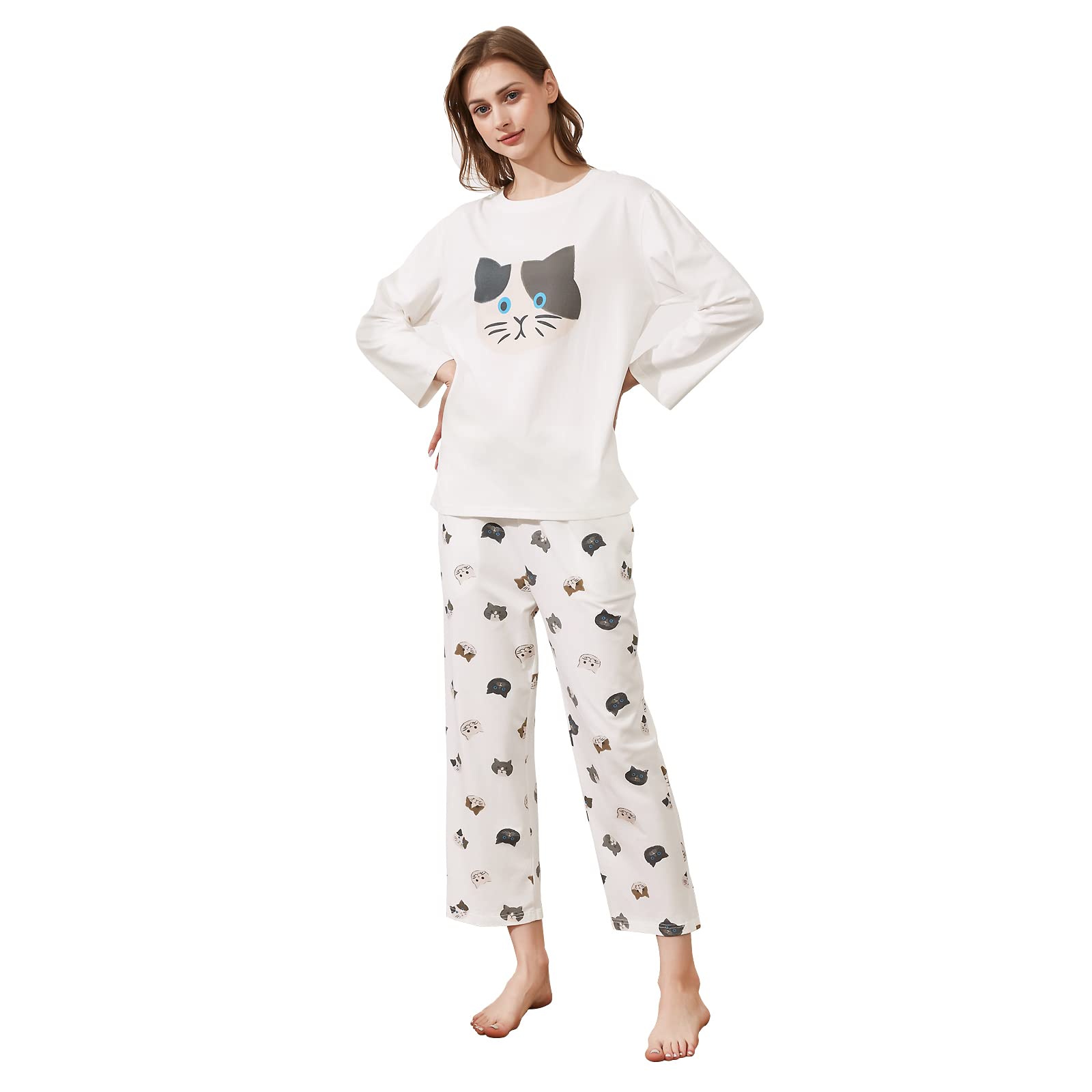 

Rose Halcyon Long Round Cute Cat Simple Winter Size Women s Pajamas, Loungewear, Two-Piece Set, Sleeves, Collar, Pants, Cotton, Design, Style, Spring, белый
