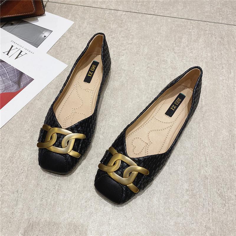 Fashion Women's Single Shoes 2025 New Shallow Metal Buckle Large Size Flat Shoes Square Toe Work Shoes Woven Pattern Shoes