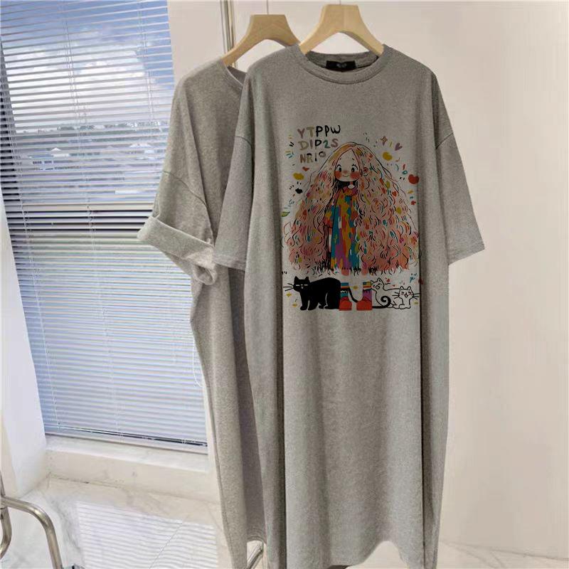 Dames trendy merk jurk met korte mouwen in grote maat zomer los katoenen T-shirt rok over de knie dik meisje temperament dunne lange jurk XL gray