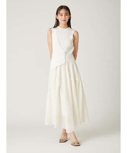 Metal Brooch Rib Knit Combination Flare Dress FWNO251081IVR0