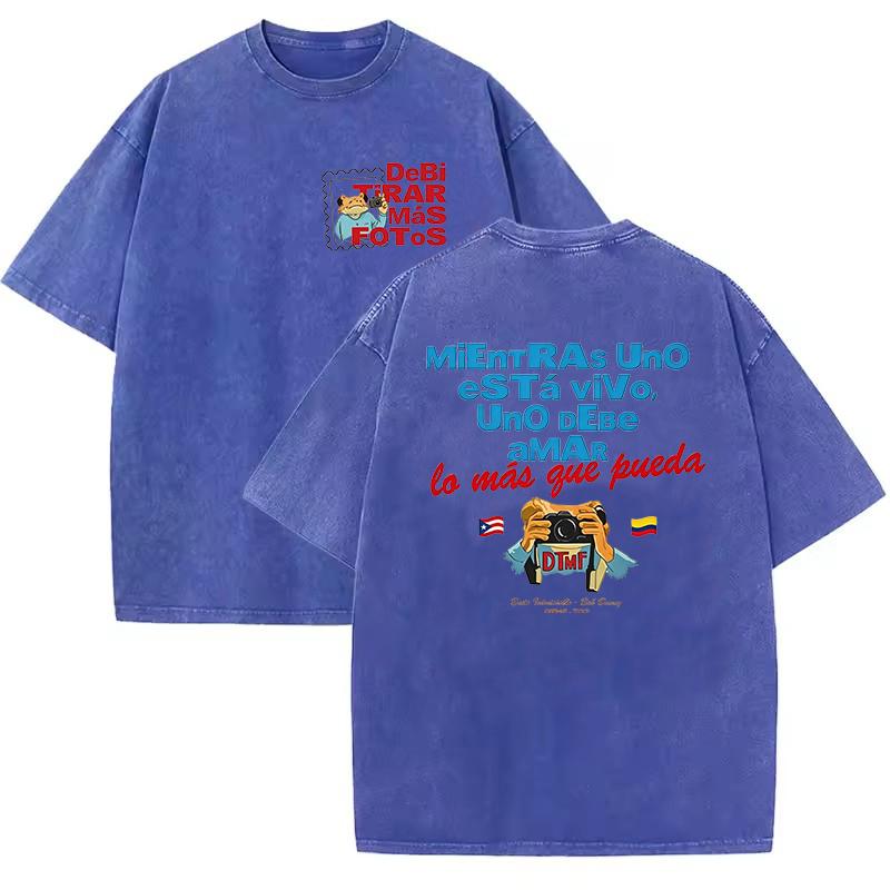 T-shirt alla moda Hip Hop Rapper Bad Bunny Cotone Lavato Vintage Debi Tirar Mas Fotos DTMF Abbigliamento Uomo