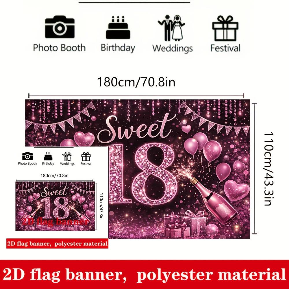 Sweet 18 Birthday Banner Backdrop Purple Glitter Balloons Champagne Hearts