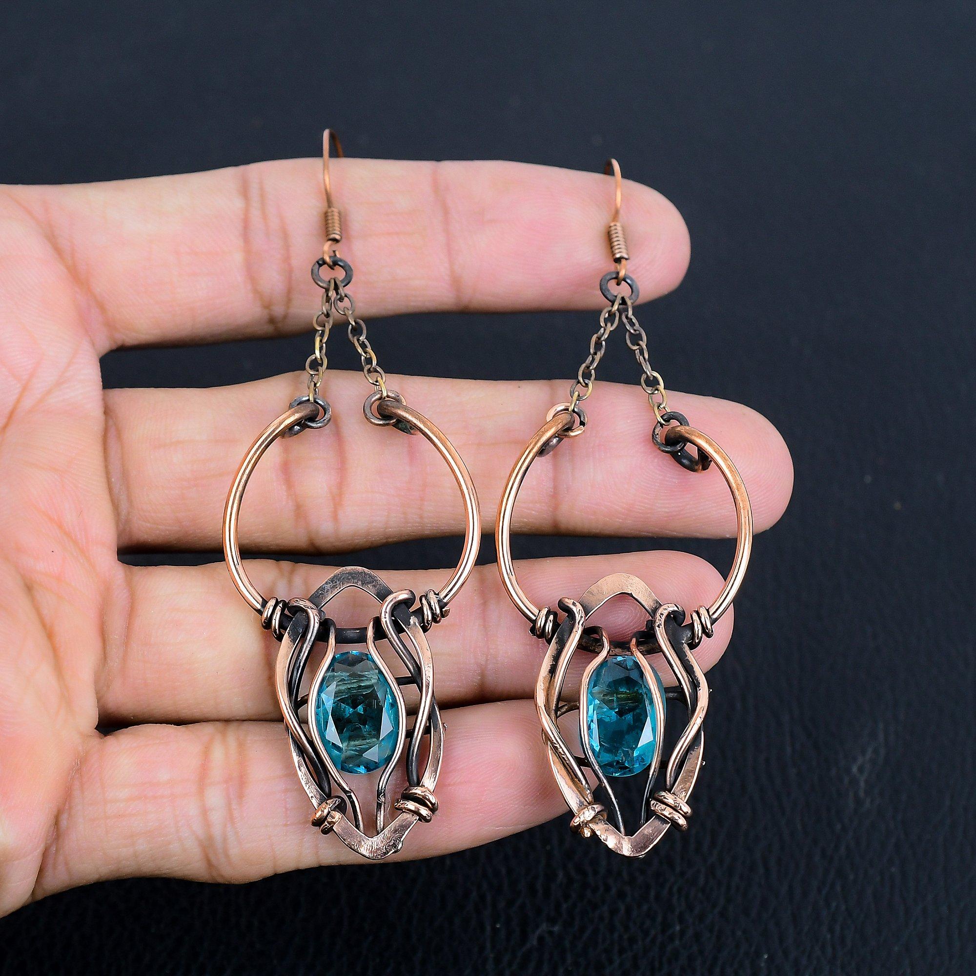 

Серьги с голубым топазом, Ювелирные изделия из драгоценных камней, обернутые медной проволокой 999 пробы, Серьги ручной работы, На День благодарения 2.55 Inches