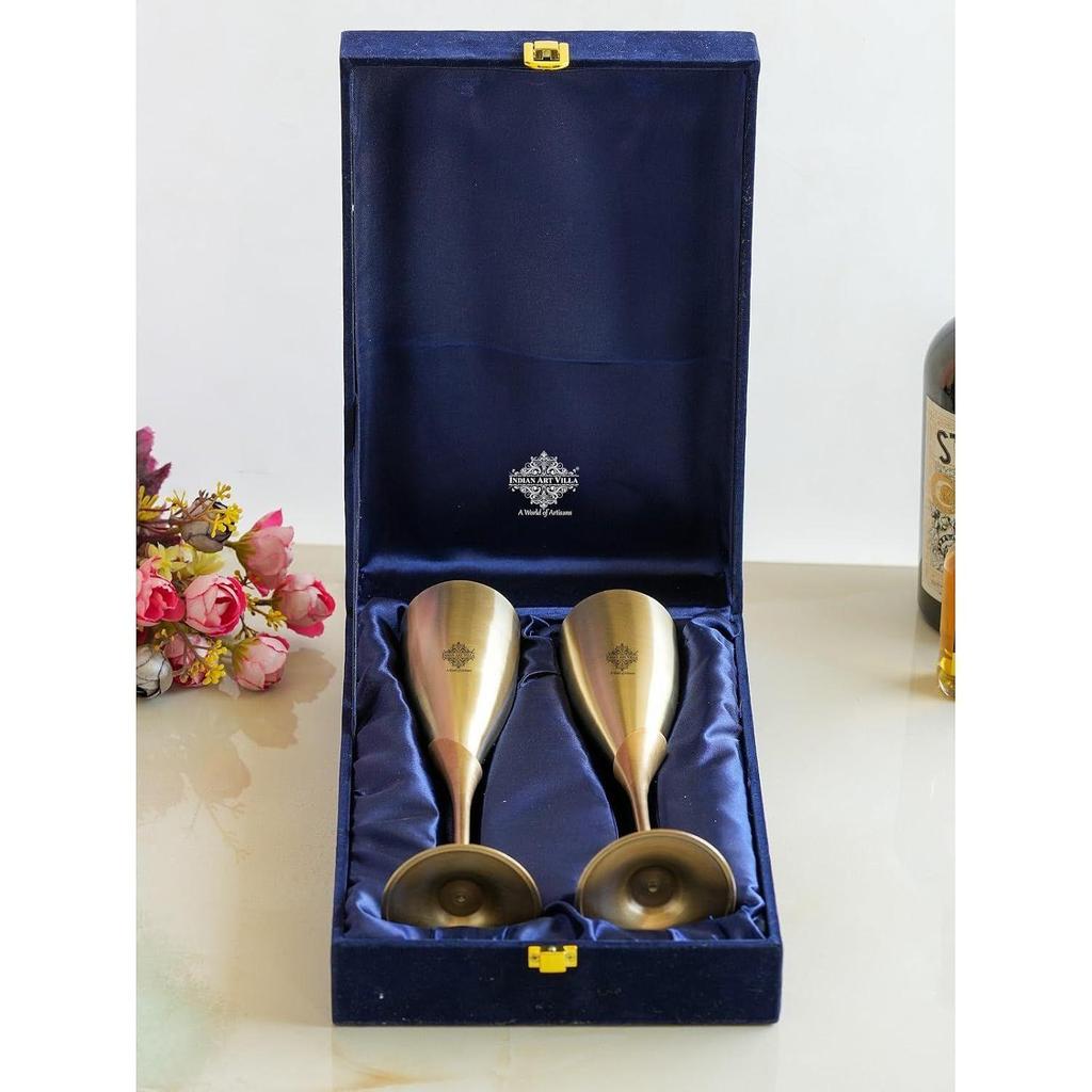 Antique Finish Brass Champagne Glass Set of 2 in Blue Velvet Gift Box, Handcrafted Drinkware for Parties and Diwali Gifts, 200 ML