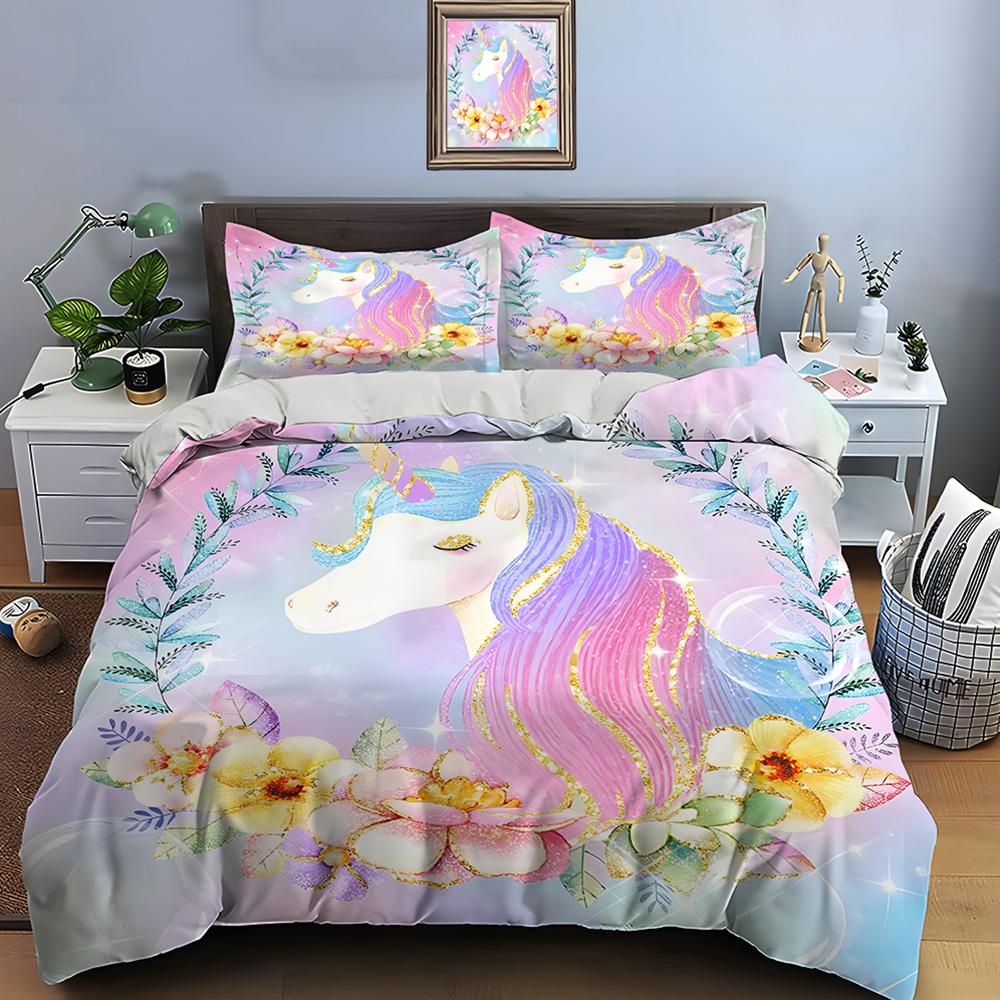 3PC Pink Unicorn Print Bedding Set Duvet Cover 1 Duvet Cover 2 Pillowcases Adult and Children Bedding Set Luxury To Girls Gifts
