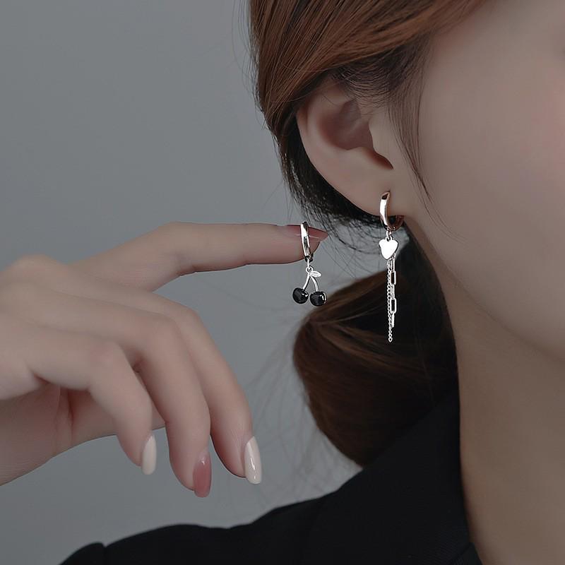 Asymmetrical Cherry Tassel Earrings for Women - Trendy Design with Needle Back