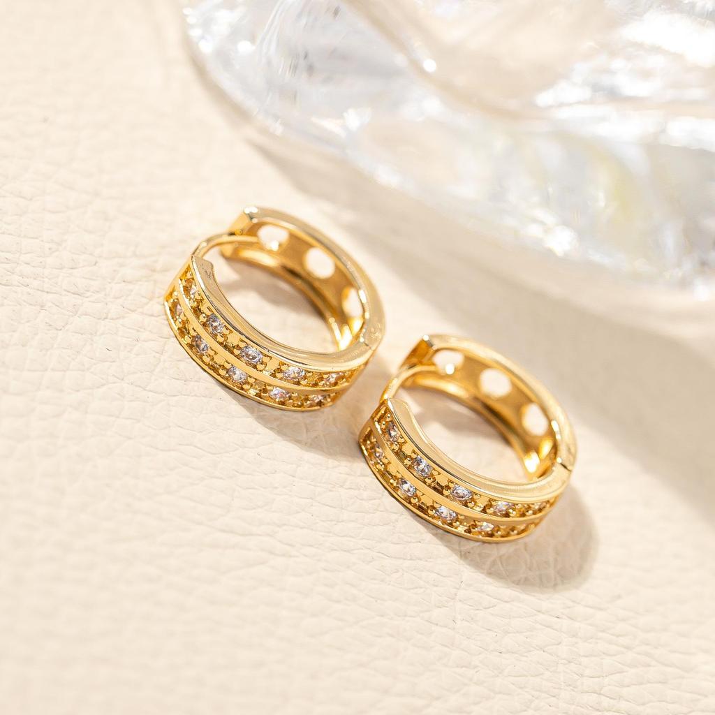 Elegant Geometric Double Row Rhinestone Zirconia Earrings for Women - Versatile Ear Cuff & Stud, INS Style