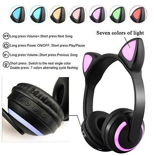 Casque stereo sans fil bluetooth avec oreilles de chat 7 couleurs de lumi ere led clignotantes compatible avec smartphones et t