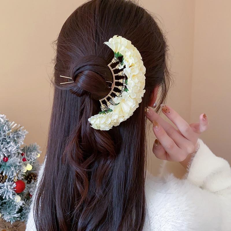 Pastoral Purple Yellow Flower Hair Pins Women Girls Sweet Fabric Floral Blossom Hair Stick Hair Accessory Travel Photo Props