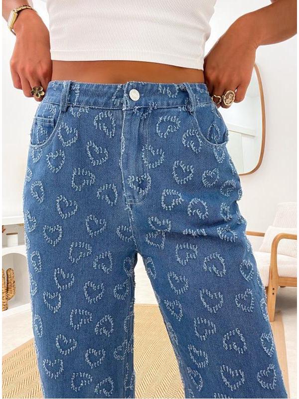 2025 Women's Heart Crochet Washed Straight-Leg Jeans - Autumn/Winter Casual Comfort