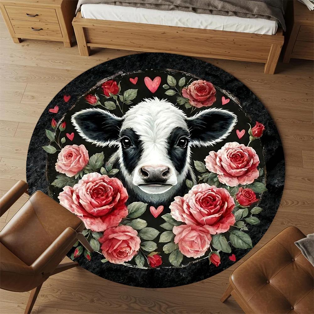 1pc Cow Roses Round Chair mat Area Rug - Non-Slip, Floor Mat for Office, Bedroom, home decor Christmas Gift-1002338