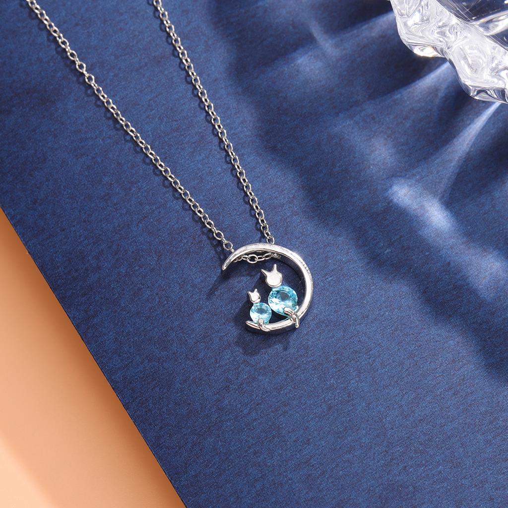 Fashion Simple 925 Sterling Silver Personality Blue Crystal Moon Cat Sweet Necklaces XL041