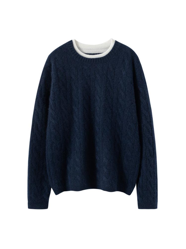 New Arrival Women's Color Block Cashmere Knit Sweater - Round Neck Long Sleeve Thick Pullover