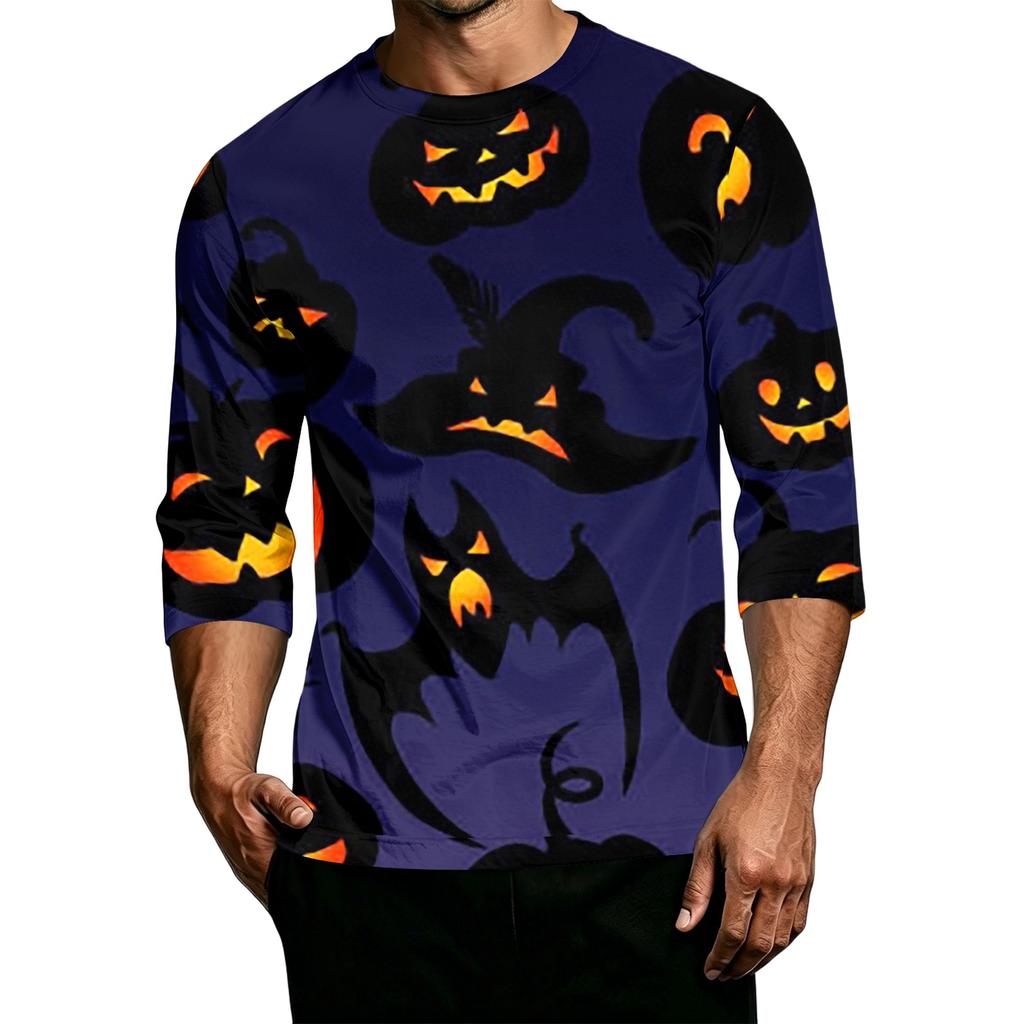 Men's Casual Halloween Print Crew Neck T Shirt Three Quarter Sleeve Top Comfortable Fit Lightweight Fabric Stylish Design