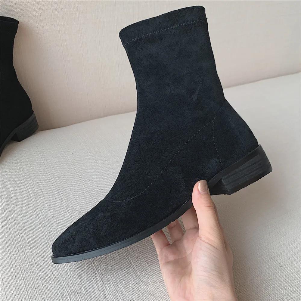 High Quality Ladies Sheep Suede Ankle Boots Chunky Low Heel Round toe Boots Fashion Women Slip-on Winter Boots Shoes 34-43