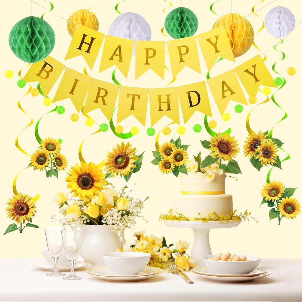 Sunflower Birthday Party Decorations Green Yellow Sunflower Banner with Honeycomb Balls Hanging Swilrs and Circle Dot Garland for Boy Girl Sunflower