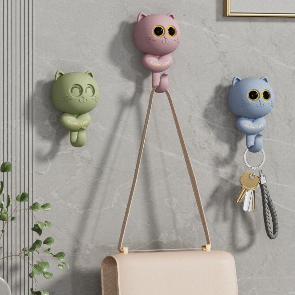 Wall Hanging Cat Blink Eyes Hook Free Punching Key Holder Cartoon Cat Hooks Entrance