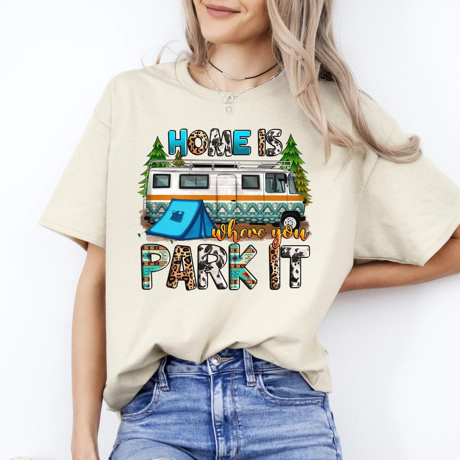 Home is where you park it T-Shirt gift Camping Caravan camper Unisex tee Sand Wh 2XL