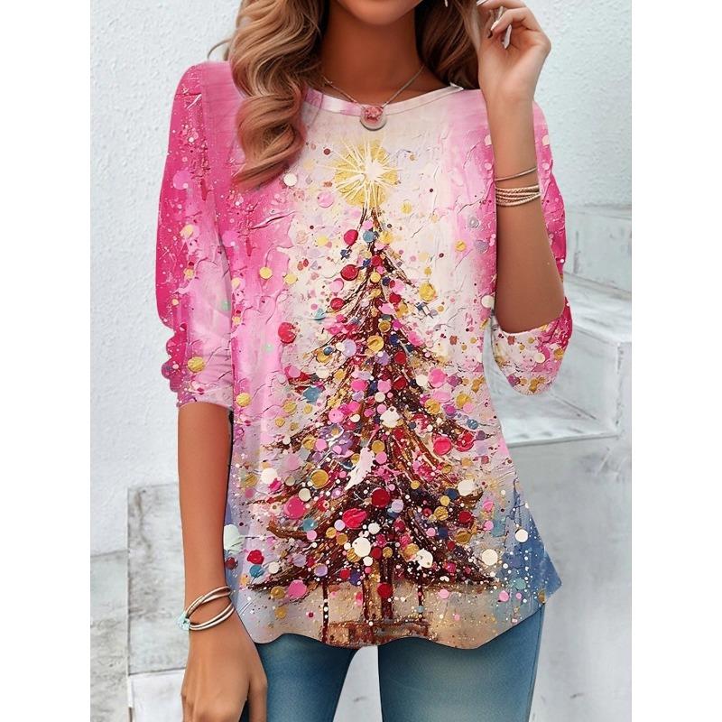 Damen-T-Shirt mit 3D-Druckmustern T-Shirt für den Sommer lässiger Rundhalsausschnitt