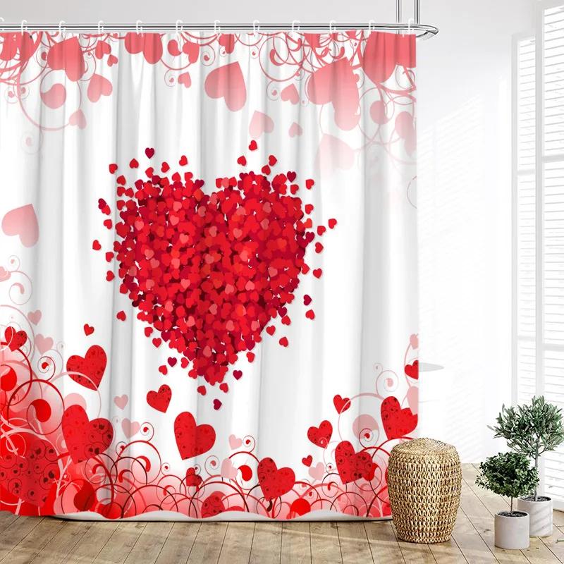 Red Rose Shower Curtains Romantic Blooming Floral Butterfly Valentine's Day Bathroom Decor Polyester Bath Curtain with Hooks
