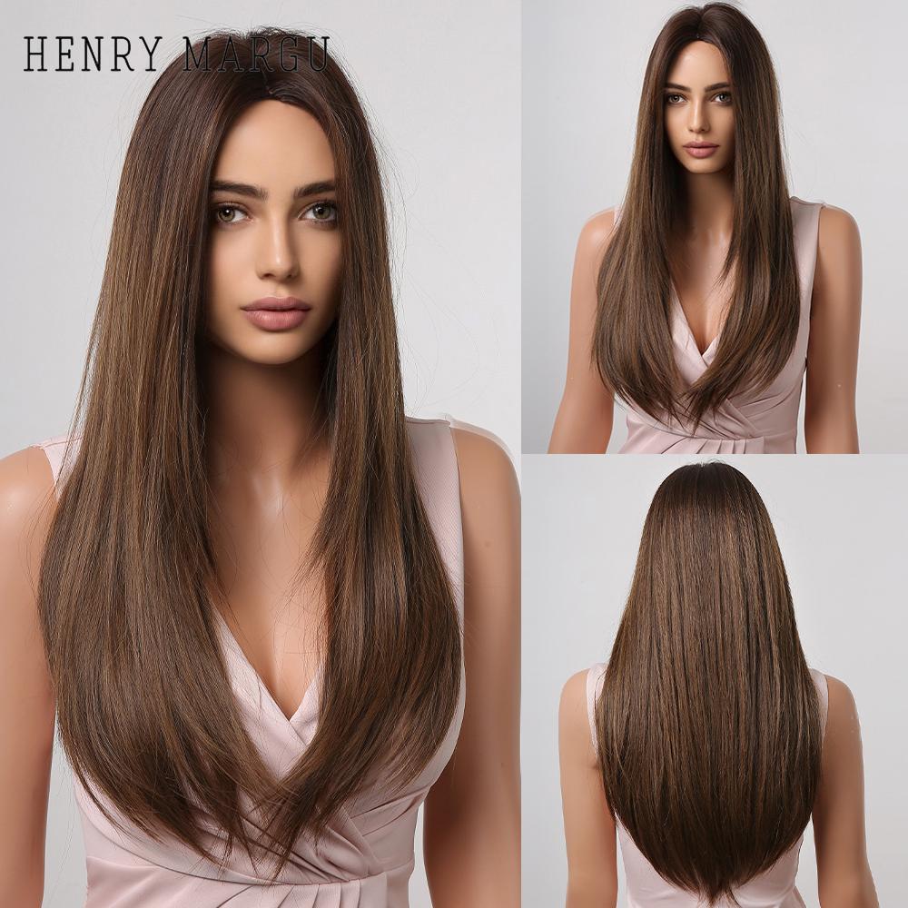 HENRY MARGU Ombre Dark Black Brown Synthetic Wigs with Bangs Layered Hair Wig for Black Women Party Cospaly Heat Resistant