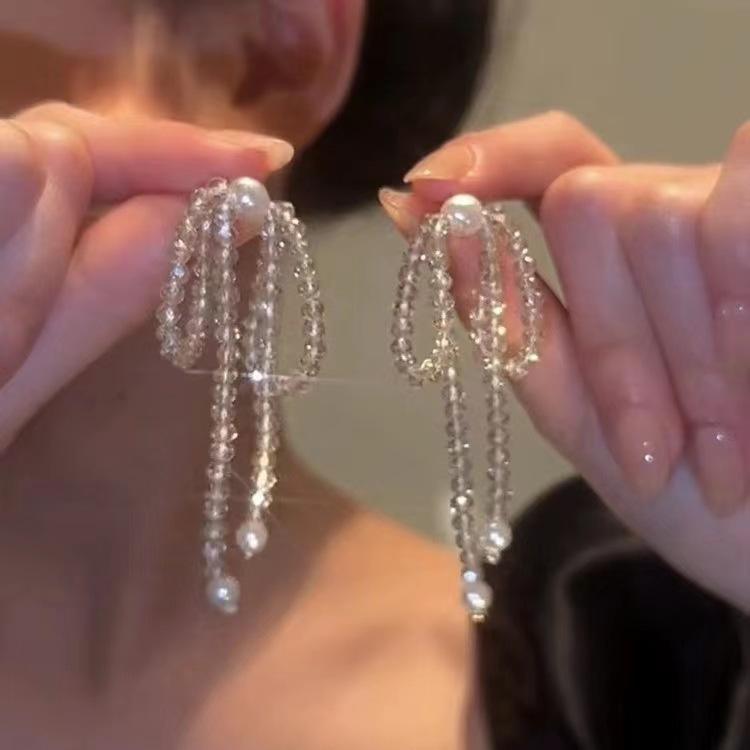 Simple super fairy temperament crystal bow fringed stud earrings female versatile girl design earrings earrings