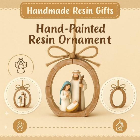 Oval Nativity Hanging Ornament Home Office Christmas Tree Hand-Painted Birth of Jesus Scene Holy Family Holiday Religious Decoration Pendant