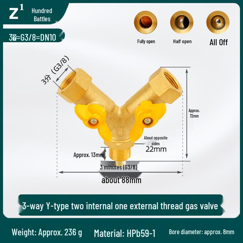 Medený plynový ventil T-kus s vnútorným a vonkajším závitom pre LPG a zemný plyn - Prepínač s dvoma potrubiami pre domáce použitie