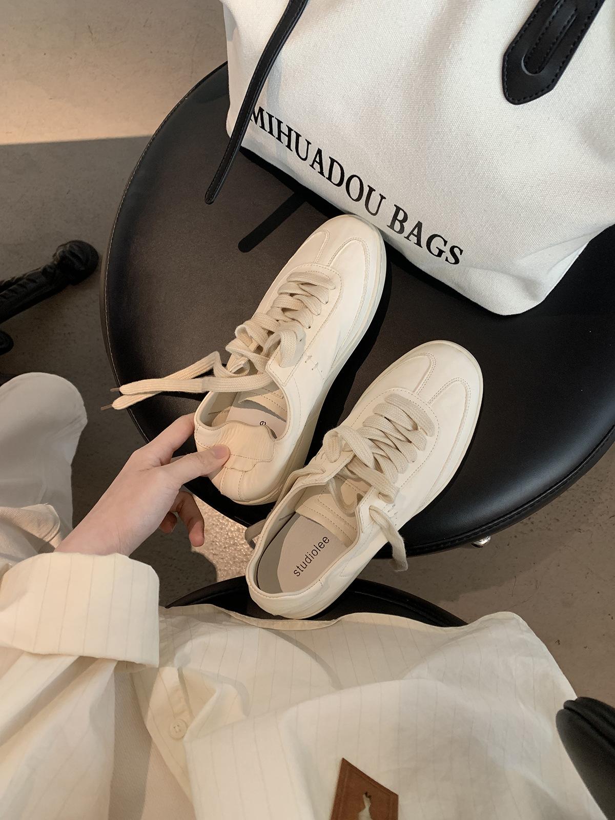 

Grape mom studiolee same cowhide lace-up casual versatile sports board shoes round toe white shoes women s new style 35