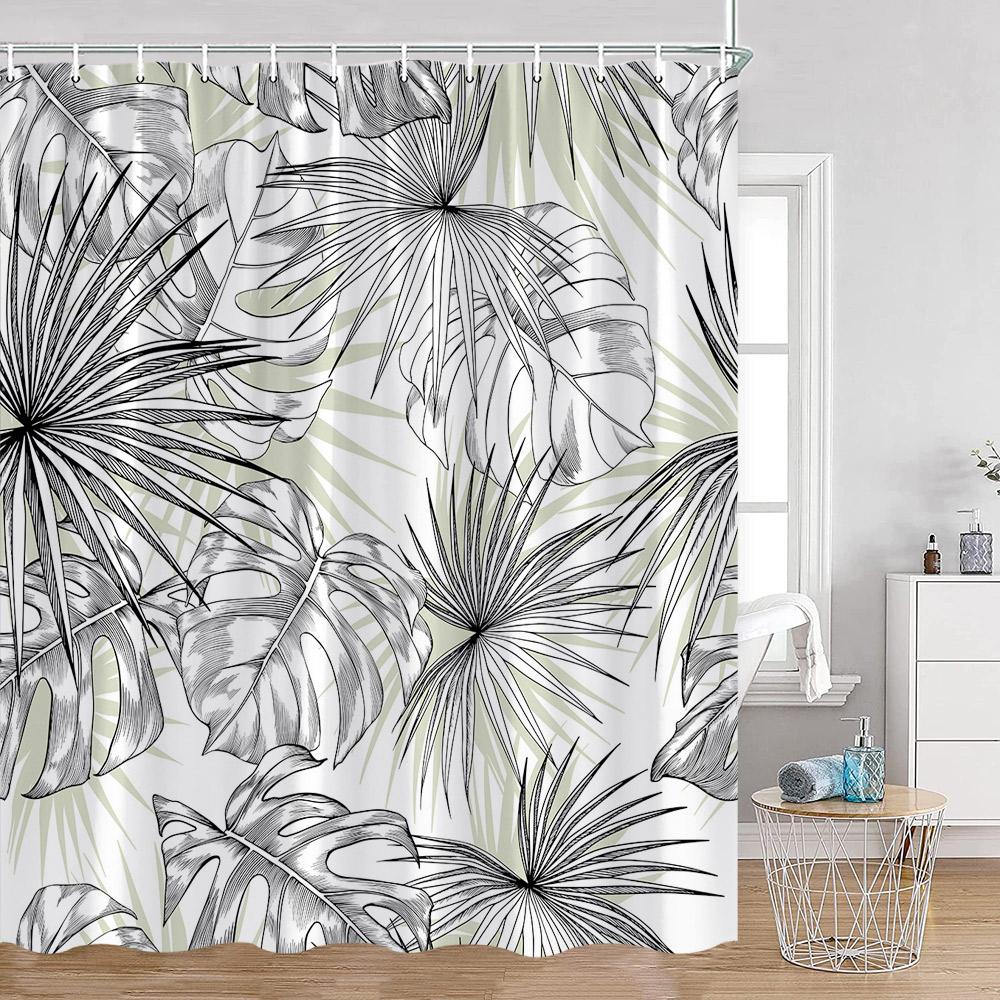 Green Leaves Shower Curtains Monstera Palm Leaf Green Plants Botanical Bathroom Curtain Greenery Bath Deorations with Hooks
