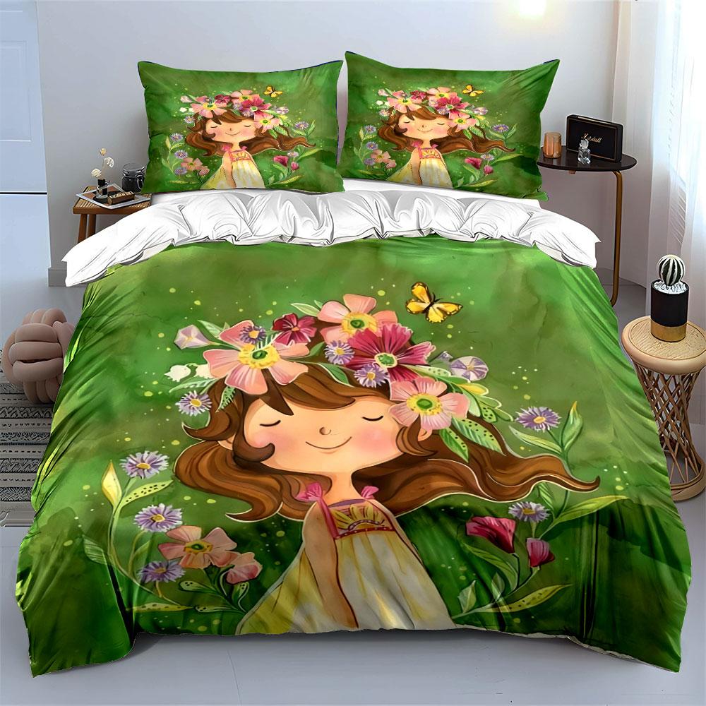 Floral Girl Art Decoration Set Soft Comfortable Duvet Cover Bedding Set Included 1*Duvet Cover & 2*Pillowcases, Gift