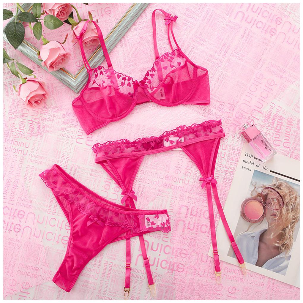 3 Pieces/Set Sexy Embroidery Bra Garter Lingerie Photography Thong Bowknot Underwear Kit Female Sleepwear