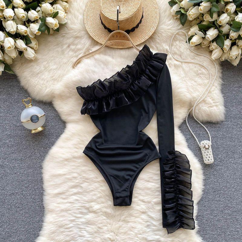 

Нишевый стиль, плиссированные оборки, диагональный воротник, на одно плечо, универсальные топы Black L