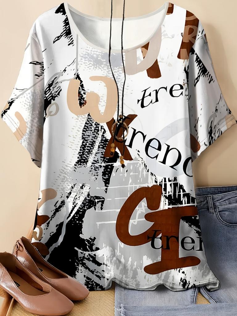 Vintage Newspaper Letter Print Women's T-Shirts Casual Fashion O-Neck Top Oversize Tees Summer Loose T-Shirt Women's Clothing