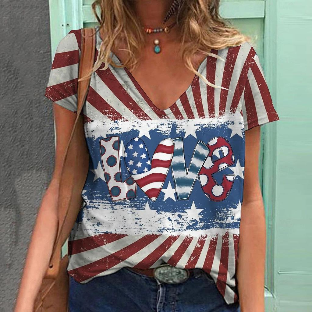 Sommer V-Ausschnitt 3D Amerikanische Flagge Bedrucktes Top Modische Lässige Kurzarm Damen T-Shirts