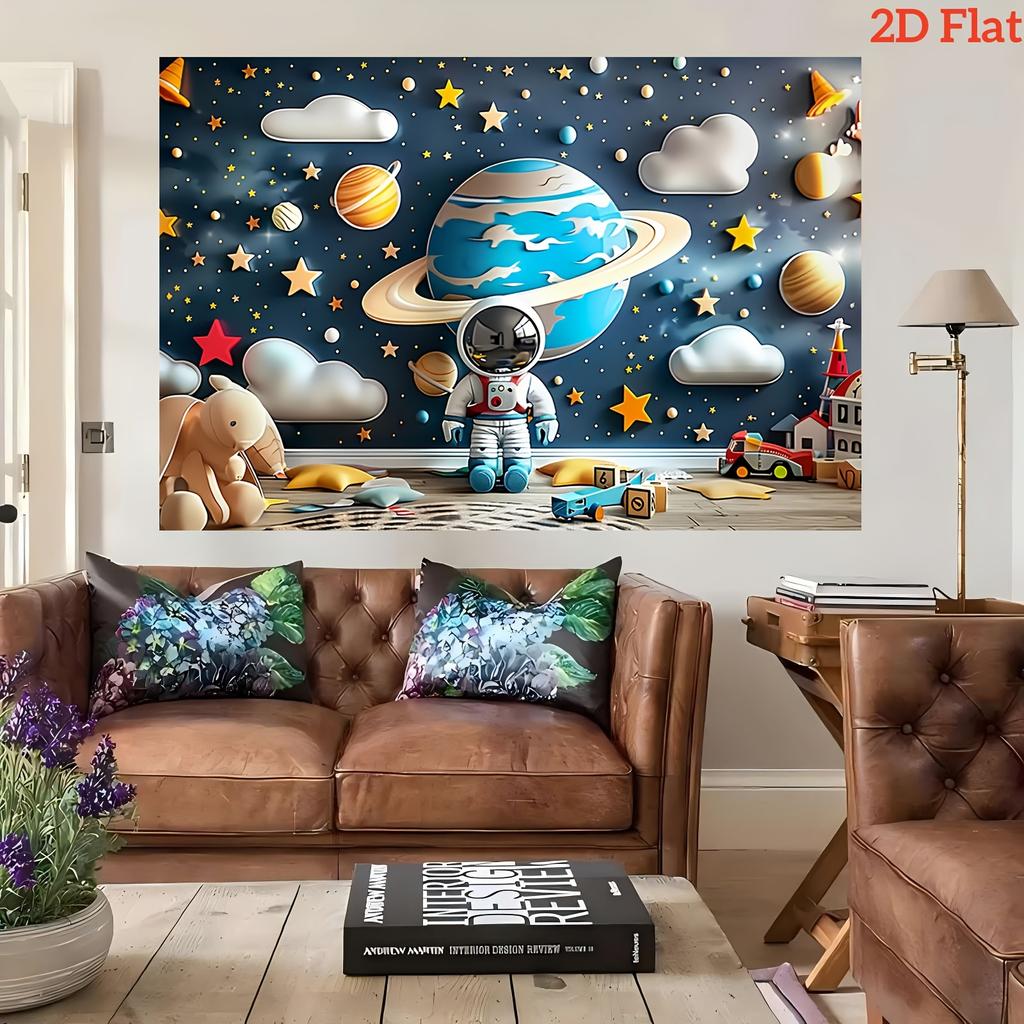 2D Flat Banner 1 Piece - Space Theme Polyester - Featuring Astronauts Planets and Stars