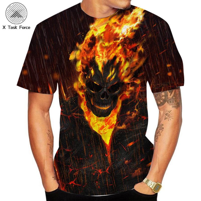 Sommer Rundhals 3D Flammen Totenkopf Print Top Modische Lässige Kurzarm Herren T-Shirts