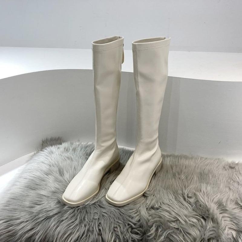 Rear zipper velvet boots New squareheaded knight boots White versatile high boots Women's thin boots