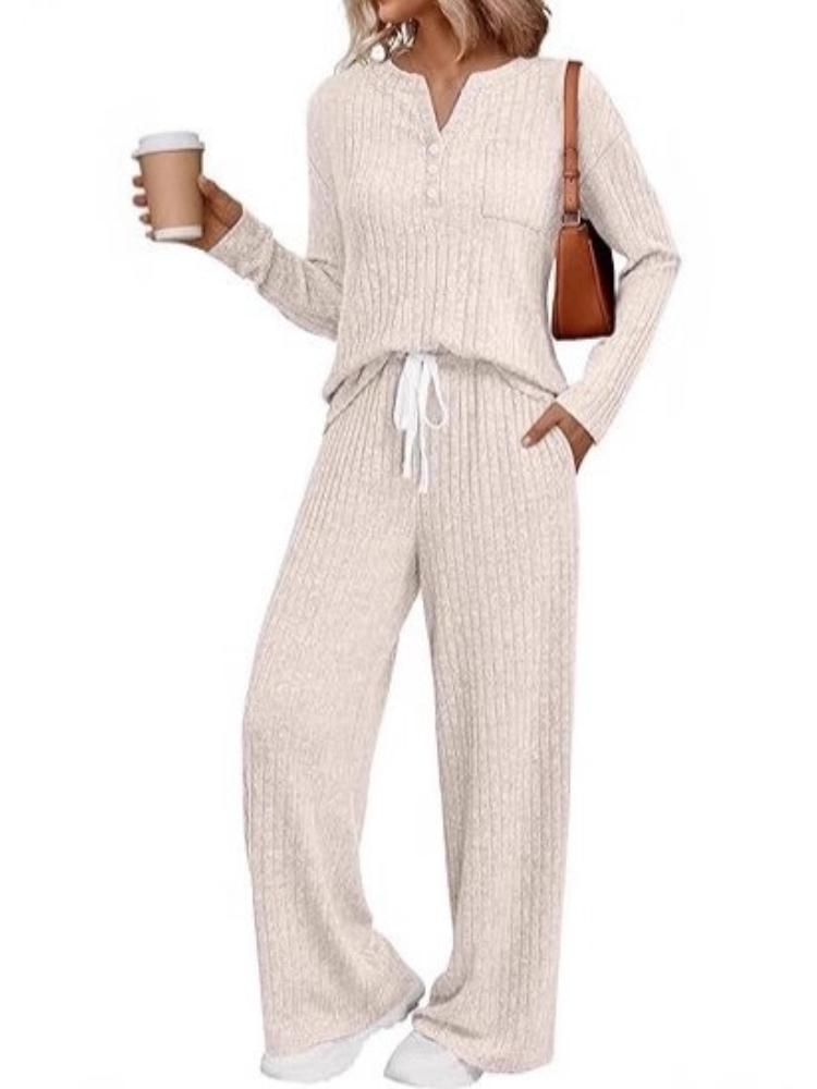 

Women s Beige V-Neck Long Sleeve Knit Top and High Waist Wide Leg Pants Set XS абрикосовый