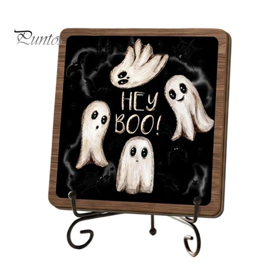 Autumn Festive Decor Halloween Wooden Table Sign, Cute Ghost Boo Plaque Sign with Rustic Fall Bathroom Metal Stand for Indoor Desk Shelf Home