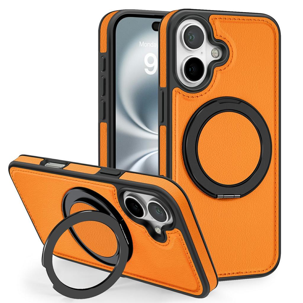 For iPhone 17 Case with Ring Kickstand Compatible with MagSafe PU Leather Back Cover